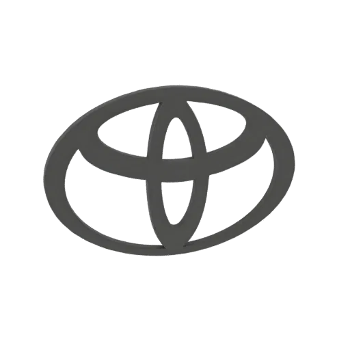 A 3D model of the iconic Toyota logo, presented in a dark gray, matte finish, with its characteristic overlapping oval design