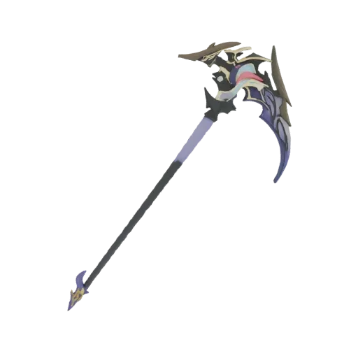 3D model of a dark fantasy scythe with a curved, ornate blade and a dark, mystical hilt.