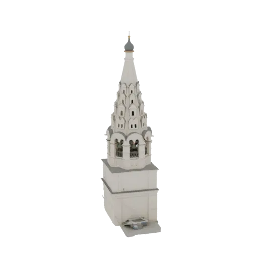 3D model of a white Russian bell tower with multiple tiers and a distinctive onion dome, set against a white background.