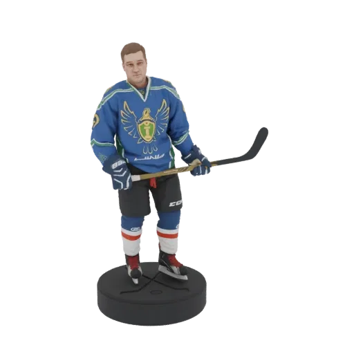 3D model of an ice hockey player in a blue and green uniform, holding a hockey stick, standing on a puck-shaped base.