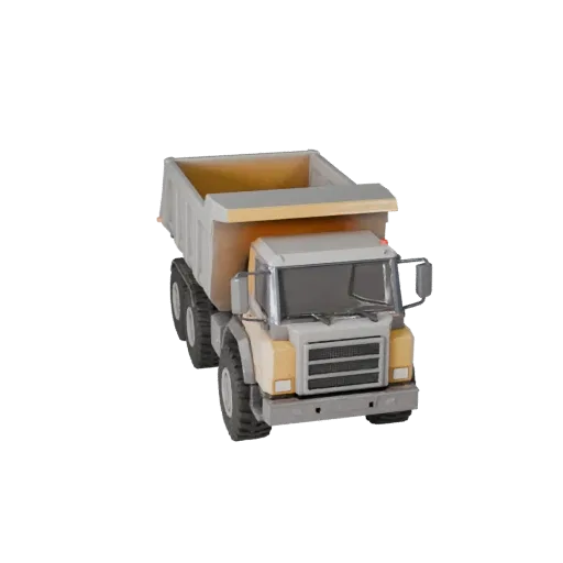 Dump Truck Low Poly 3D model, game viewport three-quarter view, showing painted steel, large mechanical silhouettes.