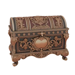 3D model of an ornate baroque treasure chest with intricate carvings in antique bronze and deep red, set against a white back