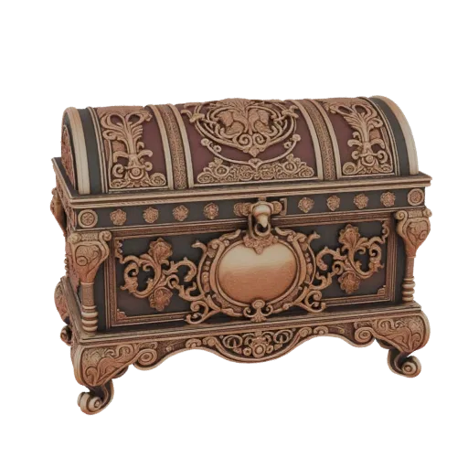 Modelo 3D de um baú de tesouro barroco ornamentado com entalhes intrincados em bronze antigo e vermelho profundo, contra um f