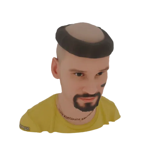 3D model of a bald man wearing a yellow t-shirt with a tattoo on his neck and a goatee, looking slightly to the side.