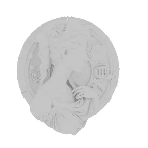 Rendu 3D d'un profil de femme en camée classique blanc avec cheveux tressés et tissu drapé, sur fond noir.