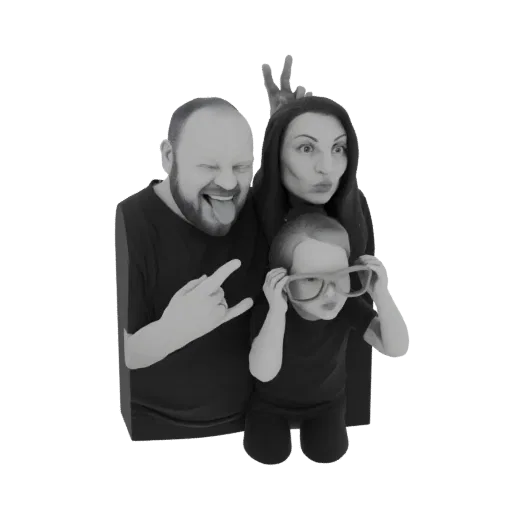 3D model of a family with exaggerated funny faces and playful gestures, including a father sticking out his tongue and a chil