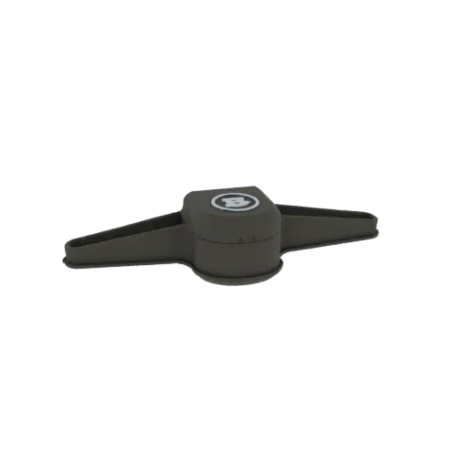 3D model of a gray propeller hub with two angled blades and a white circular emblem on top, set against a black background.