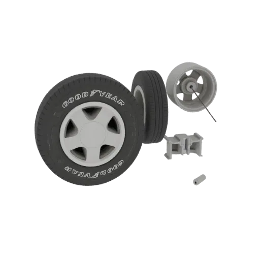 Modelo 3D de llanta Goodyear sobre rin plateado de cinco radios, con llanta y rin separados visibles.