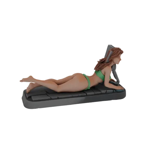 3D model of a woman in a green bikini lying on her stomach on a base, acting as a smartphone stand.