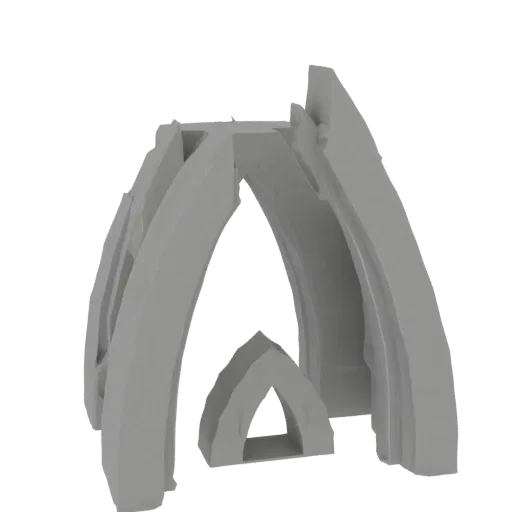 Ein 3D-Render eines grauen, gotischen Torbogens mit detaillierter Innenstruktur vor schwarzem Hintergrund.