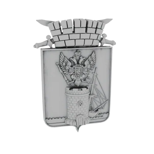 3D model of the Coat of Arms of Sevastopol, featuring a double-headed eagle, fortress tower, and sailing ship on a shield.