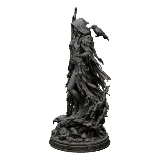 3D model of a mystic forest witch with a raven on her shoulder, wearing a feathered cloak and surrounded by roots and mushroo