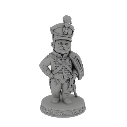 3D model of a chubby Hussar soldier in a detailed uniform, standing on an ornate base, with a feathered hat and saber.
