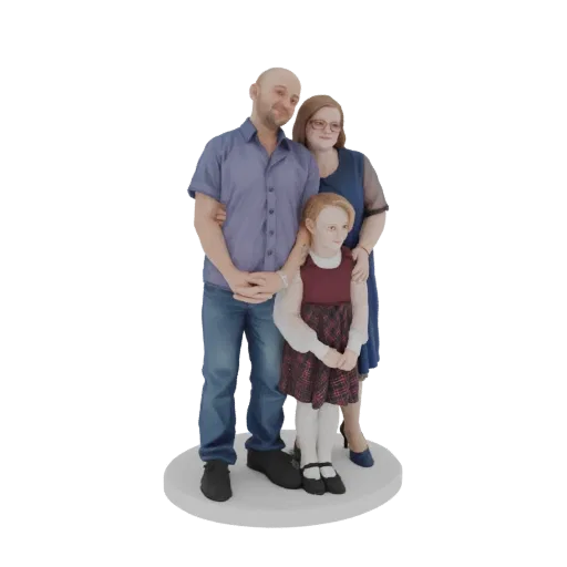 3D model of a family of three: father, mother, and daughter, standing together affectionately on a white base.