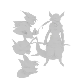 3D model render of an anime warrior character in a dynamic pose, holding a sword, with sharp, stylized features.