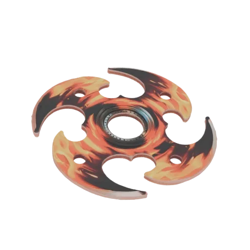 3D-Modell eines Spinner-Spielzeugs mit lebendigem Flammen-Design, mit wirbelnden Rot-, Orange- und Gelbmuster.