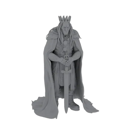 3D model render of an ancient king wearing a crown and cape, holding a sword.