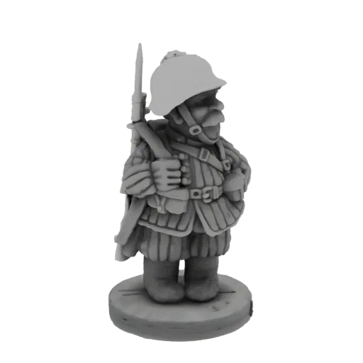 3D model render of a gnomish soldier figure in profile, wearing a helmet and holding a rifle.