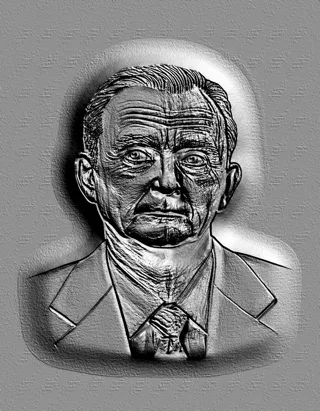 3D model of an elderly man bas-relief in engraving style, with expressive wrinkles and detailed rendering.
