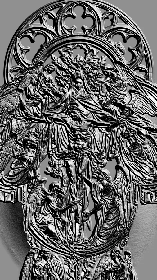 3D model of a Gothic style "Crucifixion with Angels" bas-relief, with angels on the sides and Gothic ornamentation above.