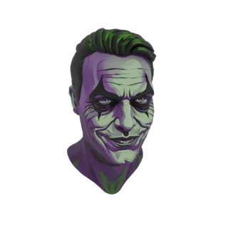 3D model render of a character bust inspired by the Joker, with green hair, purple and green face paint, and a sinister smile