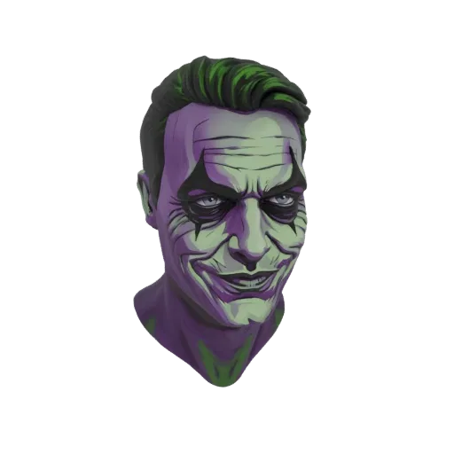 3D model render of a character bust inspired by the Joker, with green hair, purple and green face paint, and a sinister smile