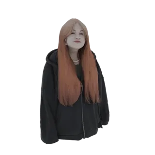 Modelo 3D de mujer joven con pelo largo pelirrojo y sudadera negra, posando mirando hacia adelante.