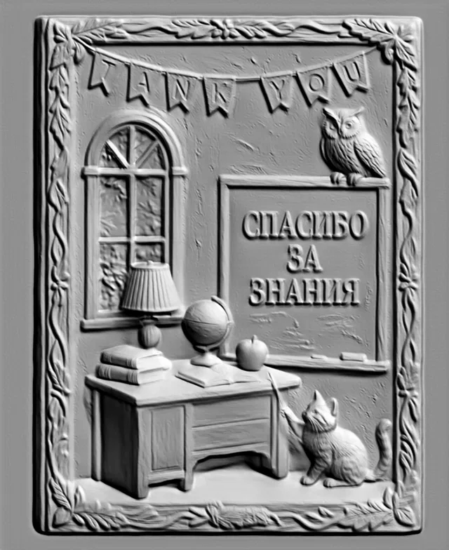 3D model of "Thank You for Knowledge" bas-relief with owl, cat, books, and globe on a table