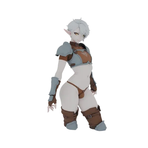 3D model of a fantasy Elf Warrior with short white hair, yellow eyes, wearing light brown and grey armor, and brown boots, po