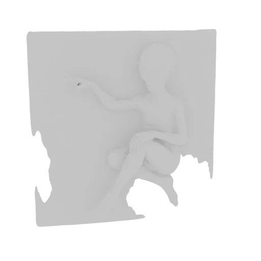 A 3D render of a grey alien figure in a crouching pose, with its left arm extended and index finger pointing forward.