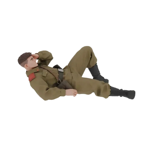 3D-Modell sowjetischer Soldat halbliegend, Hand an der Stirn, in Militäruniform