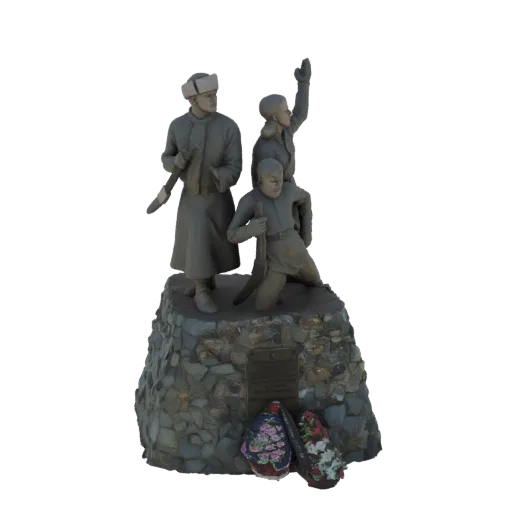 3D model of a monument featuring three soldiers on a stone base, with a plaque and floral wreaths.