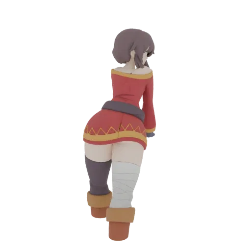 3D model of an anime girl from behind, wearing a red dress with gold trim, dark thigh-high socks, and white bandages on her l