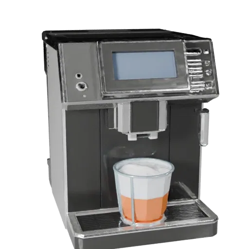 Smart Coffee Machine Low Poly 3D model, dining room, game viewport three-quarter view, plastic detail.