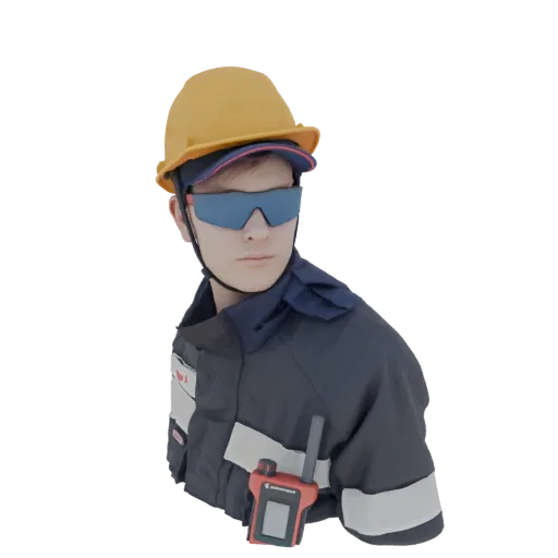 3D model of a firefighter wearing a yellow hard hat, blue safety glasses, and a dark uniform with a red radio attached to the