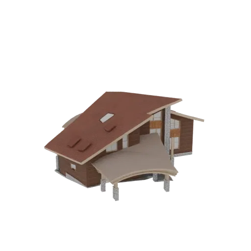 3D model of a modern wooden chalet with a prominent stone-supported carport and a multi-pitched roof.