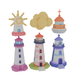 Modelo 3D: Conjunto de cinco faróis coloridos estilo cartoon, incluindo um farol com elementos de sol, faróis listrados e um