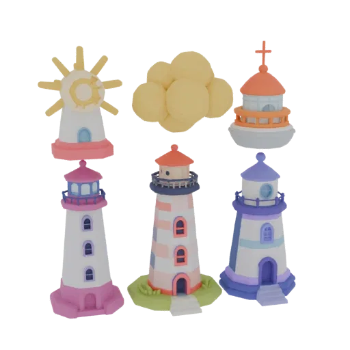 Modelo 3D: Conjunto de cinco faróis coloridos estilo cartoon, incluindo um farol com elementos de sol, faróis listrados e um