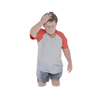 3D model of a young boy wearing a red and white t-shirt and grey shorts, with his hand on his head, looking thoughtful.