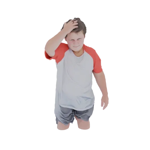 3D model of a young boy wearing a red and white t-shirt and grey shorts, with his hand on his head, looking thoughtful.