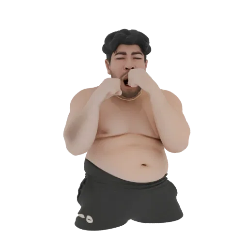 3D model of a man with dark hair, wearing dark shorts, yawning with his mouth wide open and fists near his face.