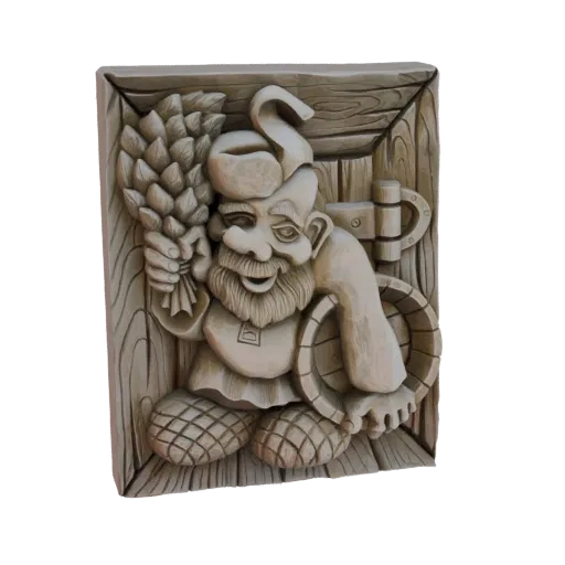 3D model render of a carved wall plaque featuring a gnome holding a birch broom and a wooden bucket, set against a wooden pla