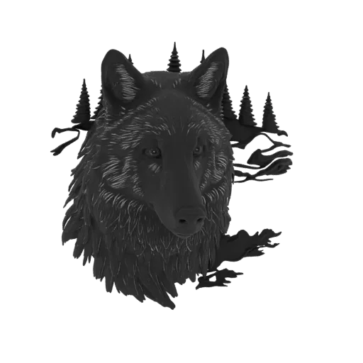 3D model of a black wolf's head with detailed fur, set against a silhouette of pine trees and snowy ground.