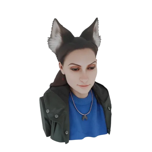 Render del modello 3D di un busto di ragazza volpe antropomorfa con giacca verde e maglione blu, con orecchie da volpe e coll