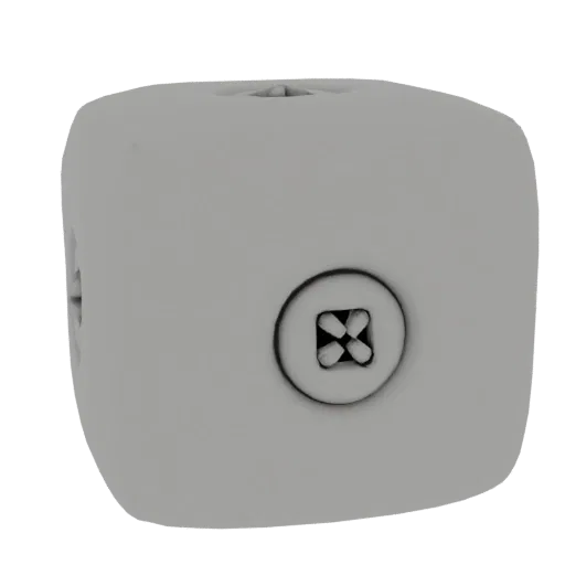 3D render of a gray cube with a circular indentation containing a four-pointed cross pattern on its front face.