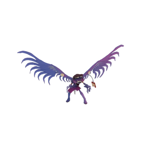 3D model of a winged demon character with large purple and blue wings, sharp claws, and a red tag.