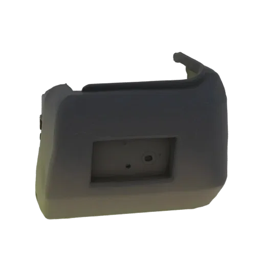 3D model of a dark gray car bumper corner with a central rectangular recess.