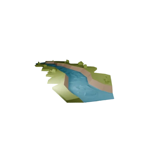 Marsh Creek Bend Low Poly 3D model, game viewport three-quarter view, showing wet stone, mud shelves.