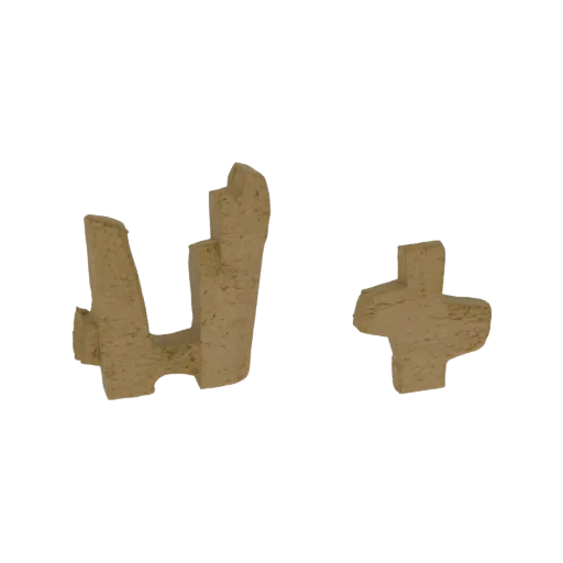 A 3D render of two ancient stone tablet fragments, one larger and irregular, the other smaller and cross-shaped, against a bl