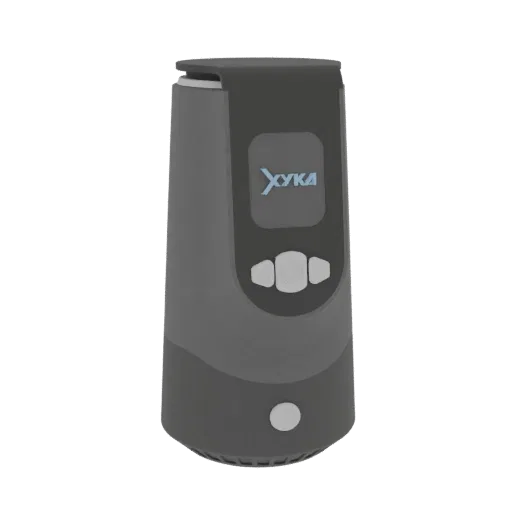 Modello 3D di un vaporizzatore portatile HUUKAA grigio scuro con display digitale e pulsanti illuminati, mostrato su sfondo b